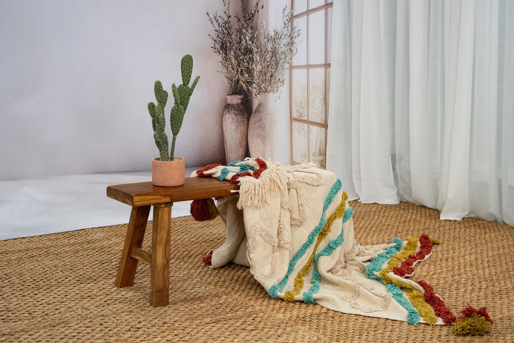 Handwoven Cotton Throw Blanket - Boho Textured Design with Tassels