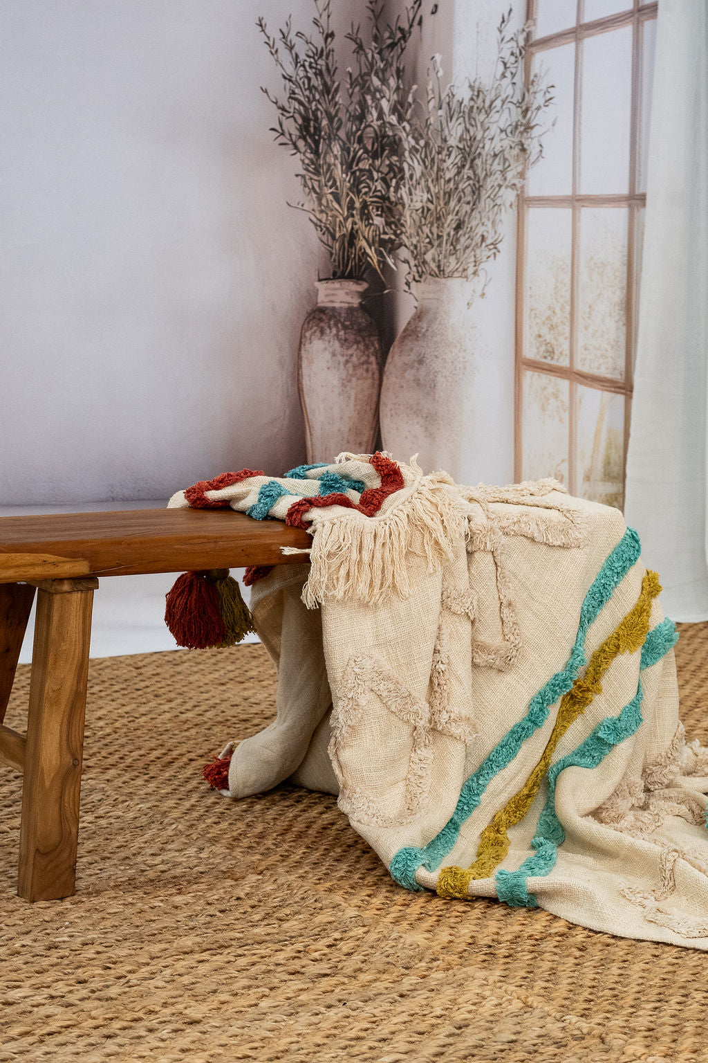 Handwoven Cotton Throw Blanket - Boho Textured Design with Tassels