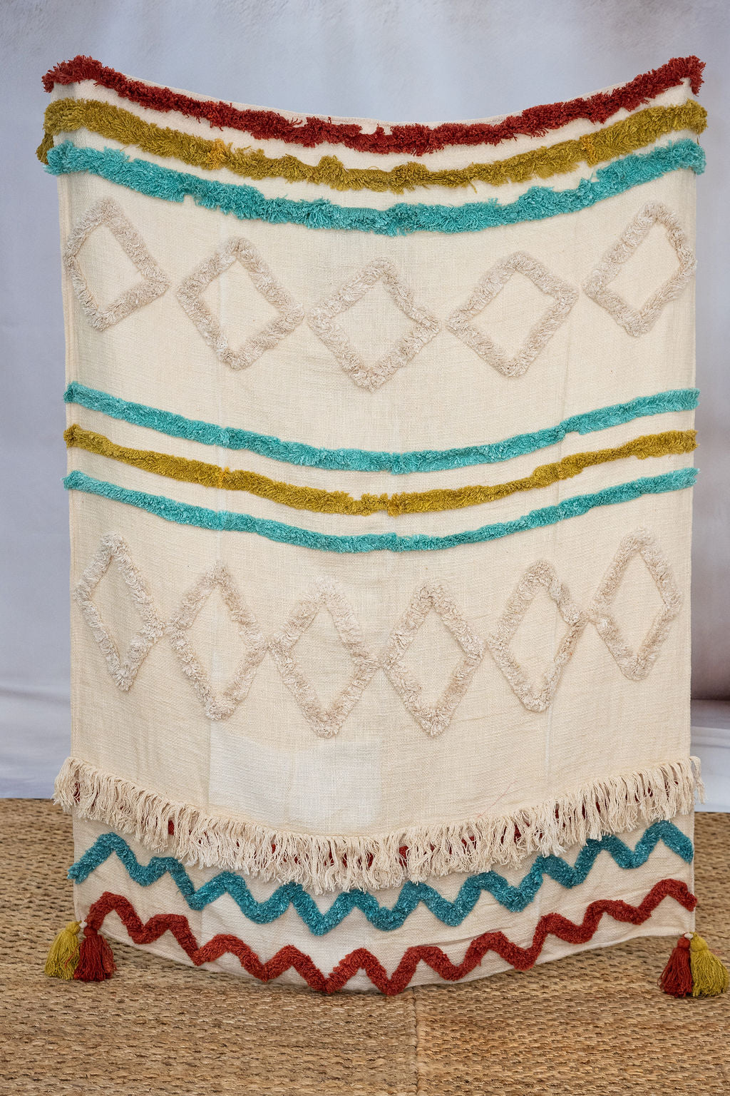 Handwoven Cotton Throw Blanket - Boho Textured Design with Tassels