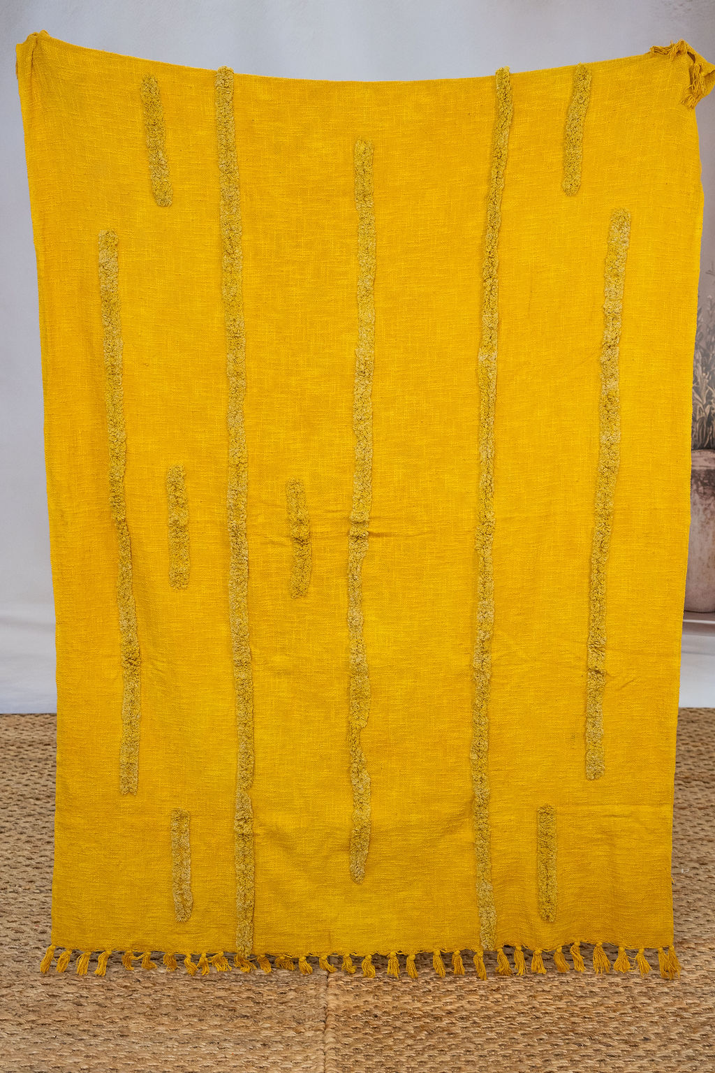 Golden Mustard Cotton Throw - Handwoven Boho Textured Blanket
