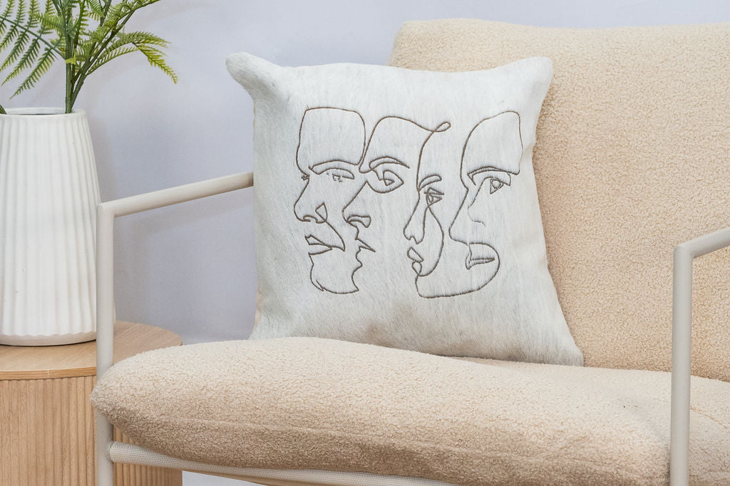 Cowhide Leather Cushion Cover - Handmade Modern Abstract Face Pillow