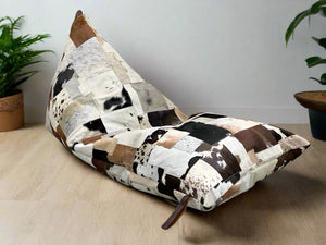 Artisan Cowhide Bean Bag Cover – Triangular Patchwork Lounger in Natural Tones