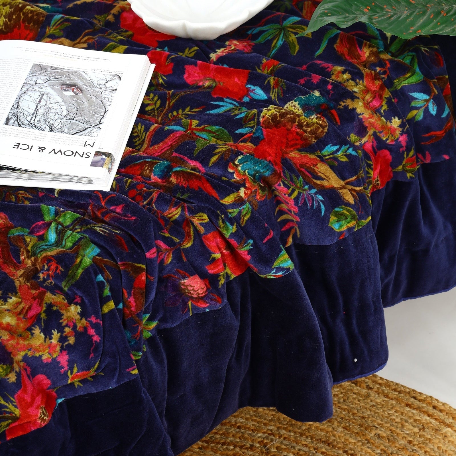 Velvet Floral Kantha Quilt - Bird Paradise Blue
