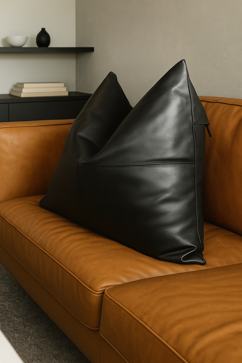 100% Tan Leather Cushion Cover - Black Twist
