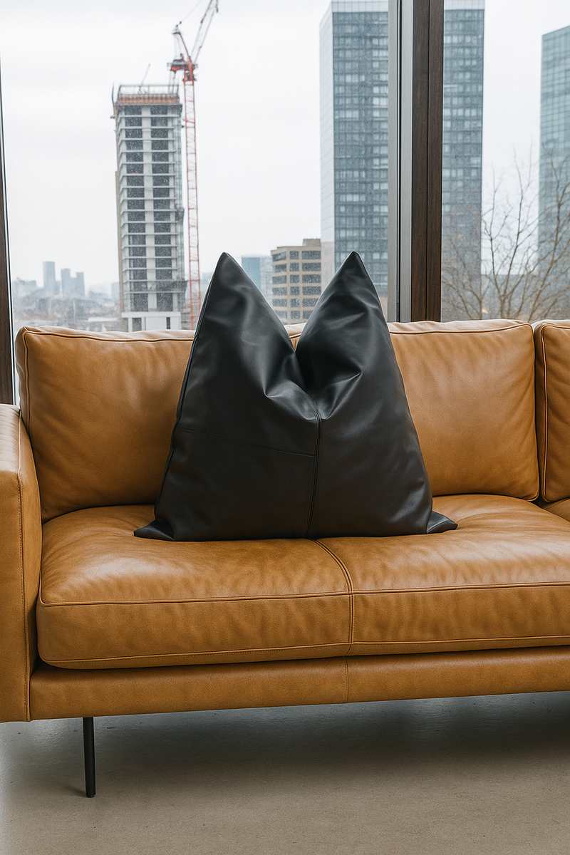 100% Tan Leather Cushion Cover - Black Twist