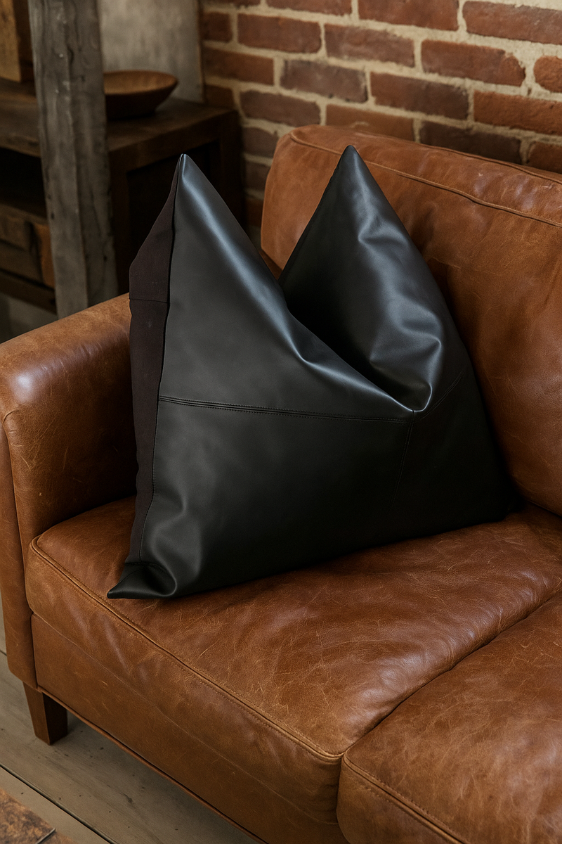 100% Tan Leather Cushion Cover - Black Twist