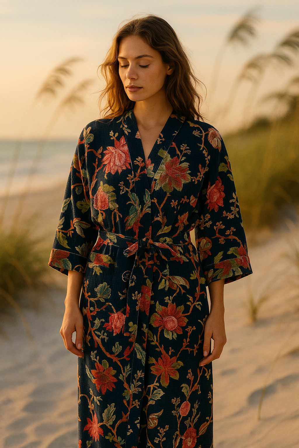 Midnight Bloom Navy Floral Kimono Robe | Waffle Cotton Loungewear