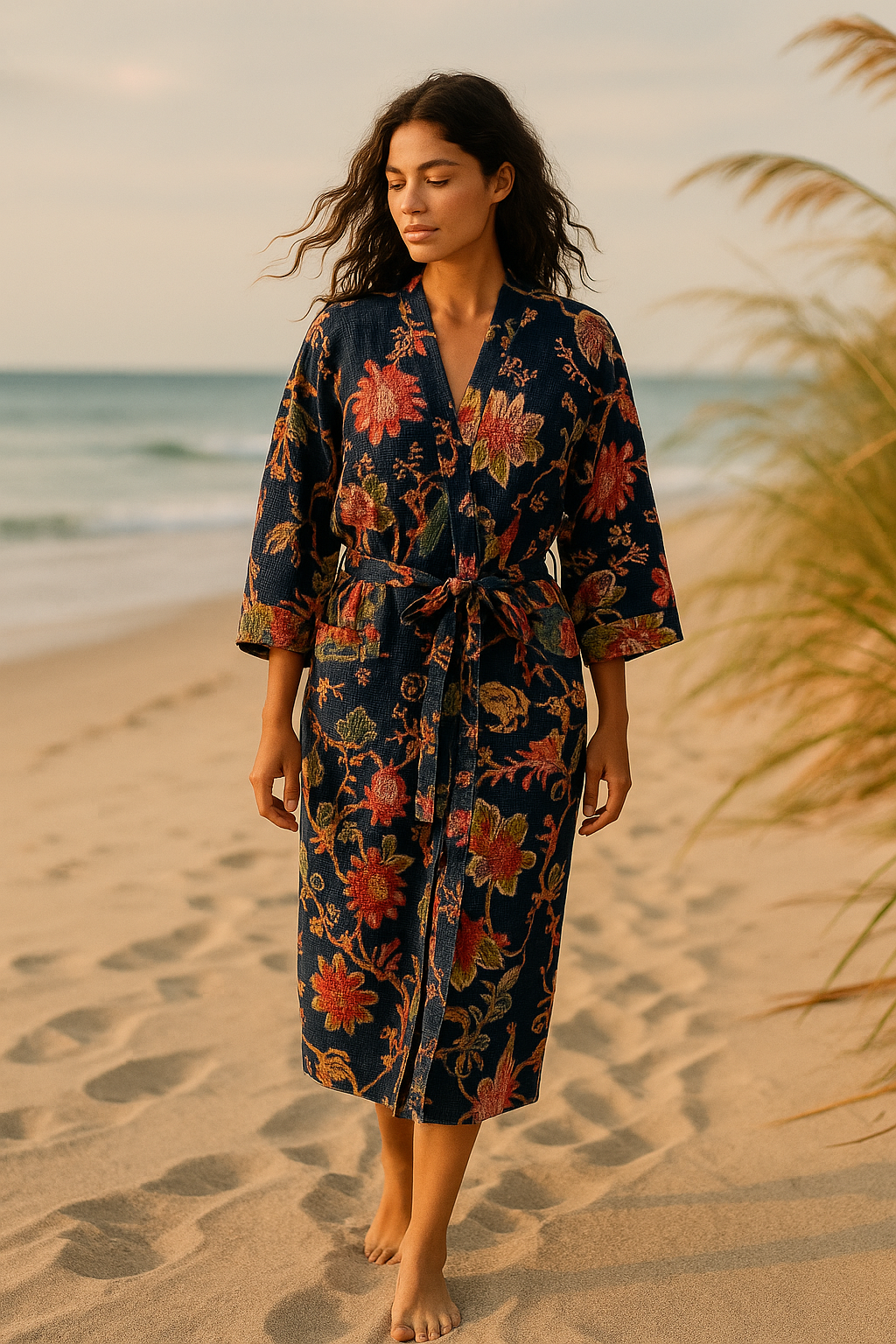 Midnight Bloom Navy Floral Kimono Robe | Waffle Cotton Loungewear