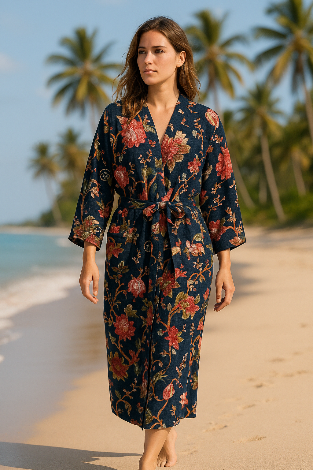 Midnight Bloom Navy Floral Kimono Robe | Waffle Cotton Loungewear