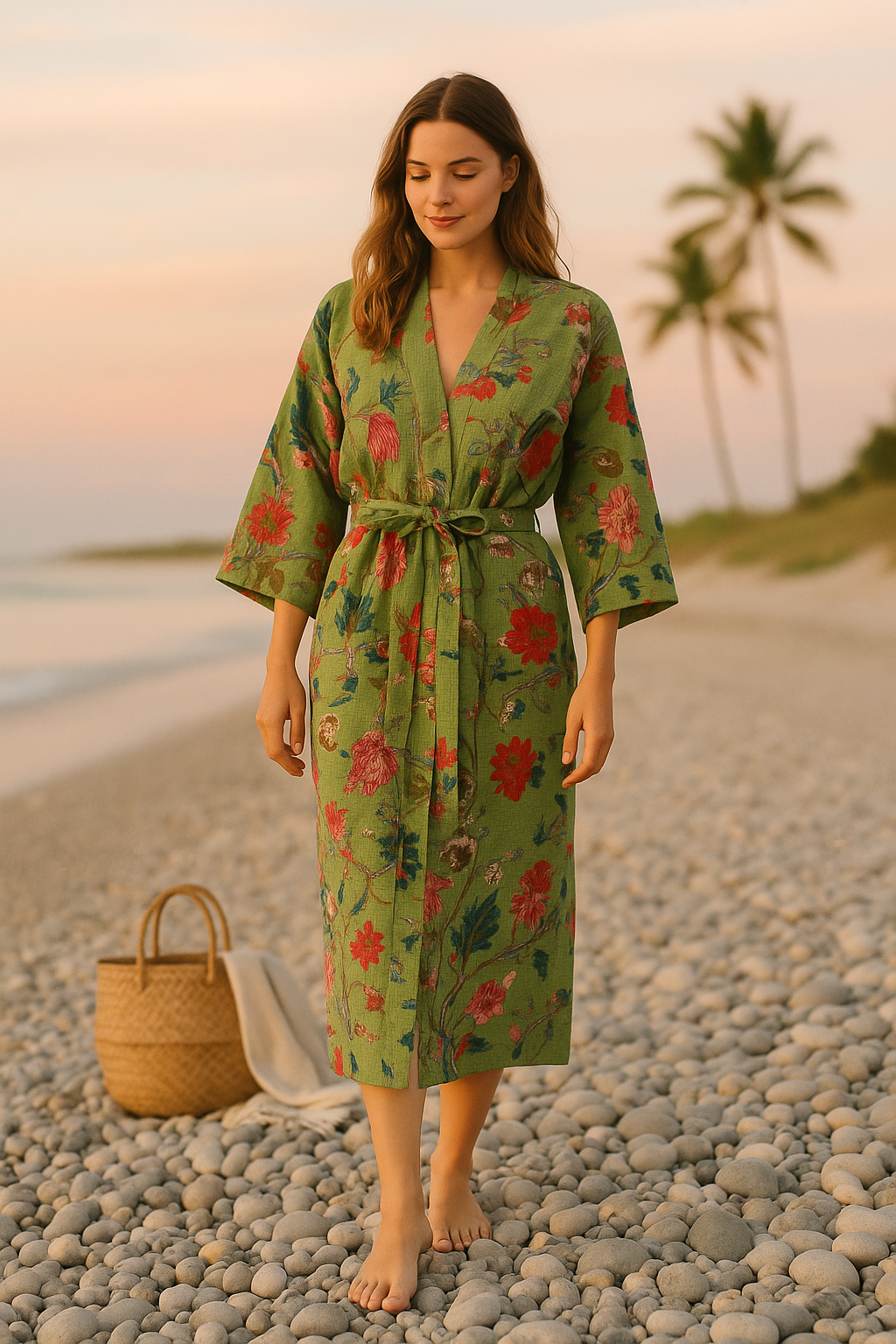 Green Floral Cotton Kimono Robe | Waffle Weave Loungewear & Travel Cover-Up