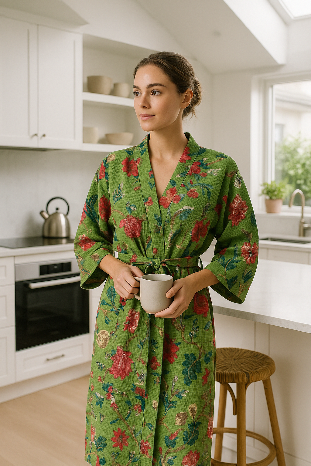 Green Floral Cotton Kimono Robe | Waffle Weave Loungewear & Travel Cover-Up