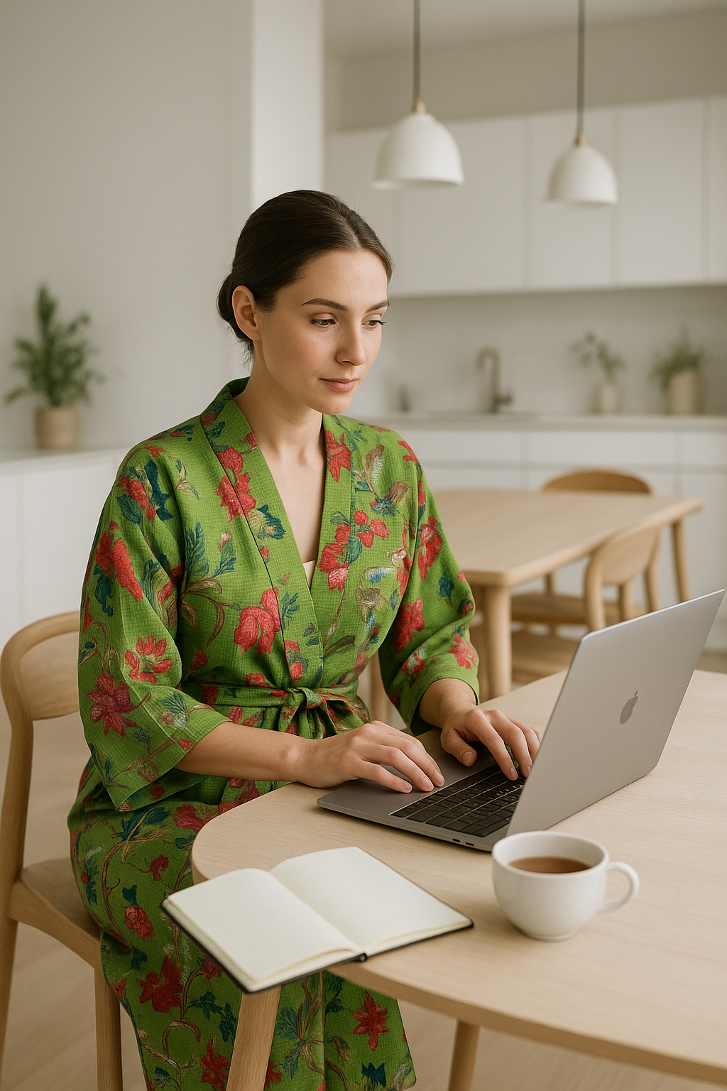 Green Floral Cotton Kimono Robe | Waffle Weave Loungewear & Travel Cover-Up