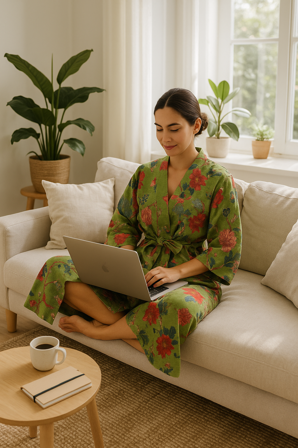 Green Floral Cotton Kimono Robe | Waffle Weave Loungewear & Travel Cover-Up