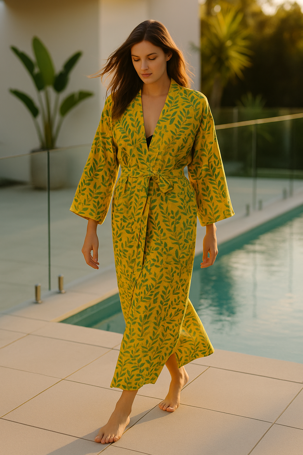 Botanical Yellow Leaf Kimono Robe | Waffle Cotton Loungewear & Resort Wear