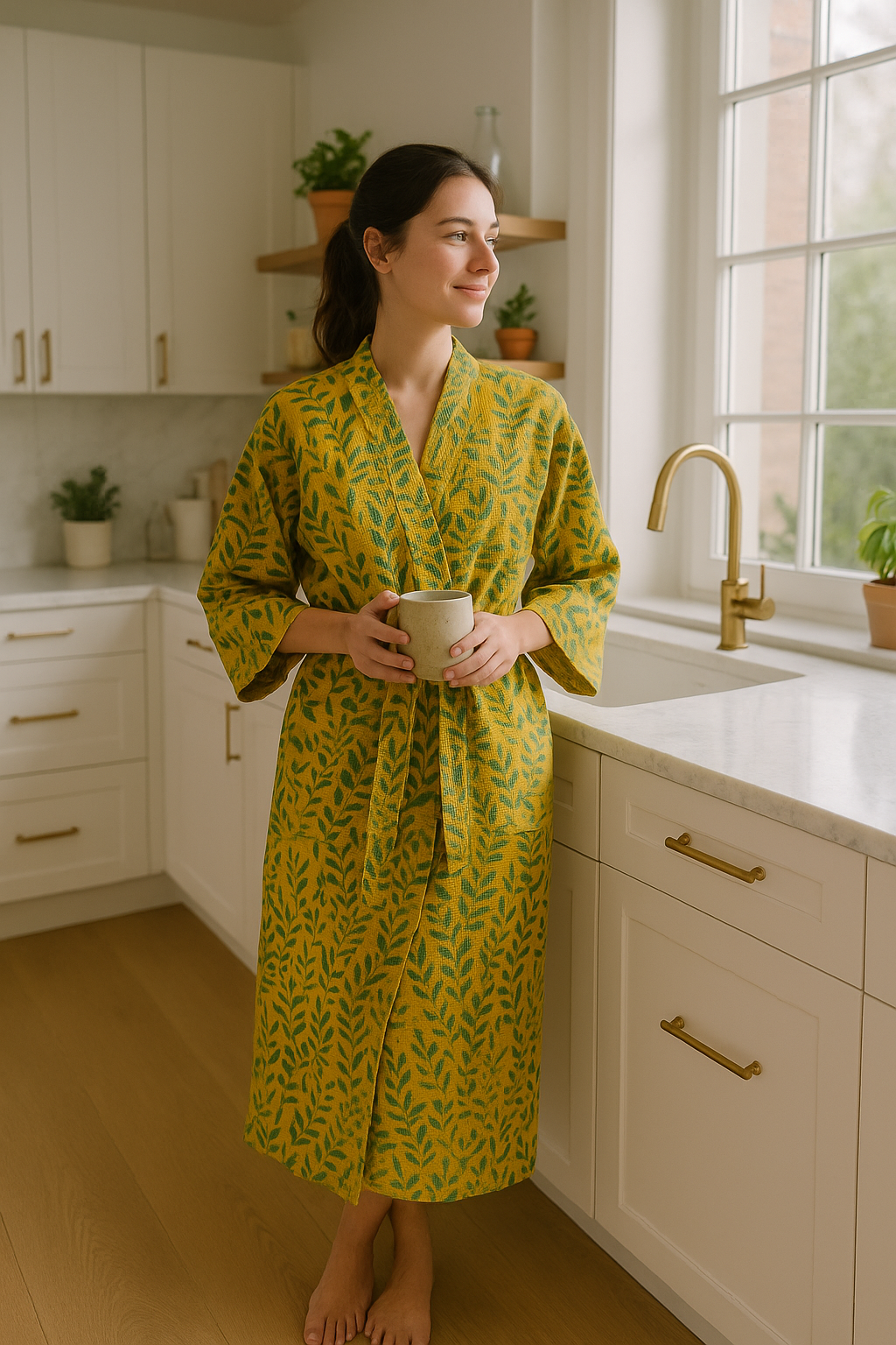 Botanical Yellow Leaf Kimono Robe | Waffle Cotton Loungewear & Resort Wear