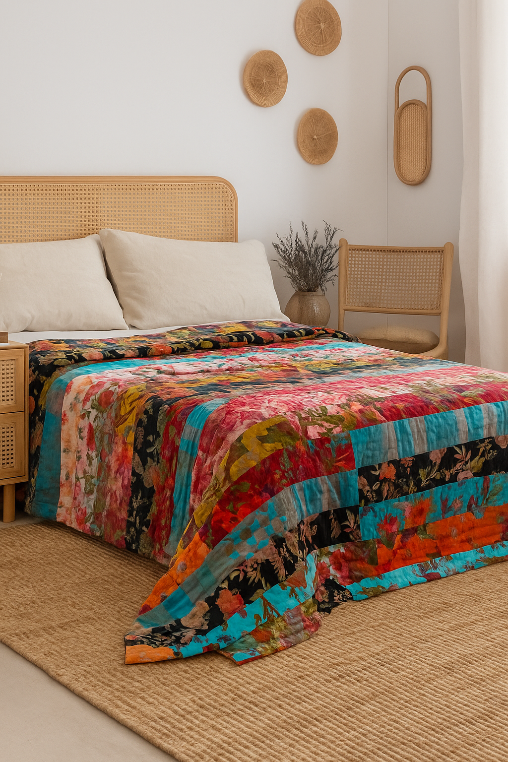 Luxury Velvet Patchwork Quilt - Handmade Upcycled Boho Bedding | Glam Thread