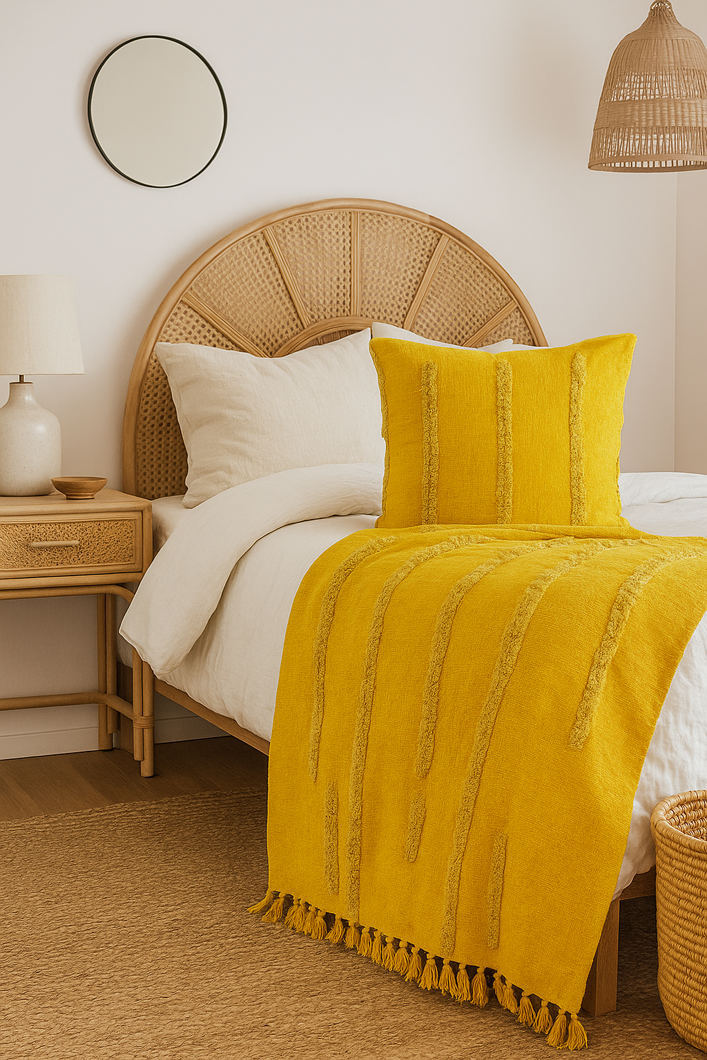 Golden Mustard Cotton Throw - Handwoven Boho Textured Blanket