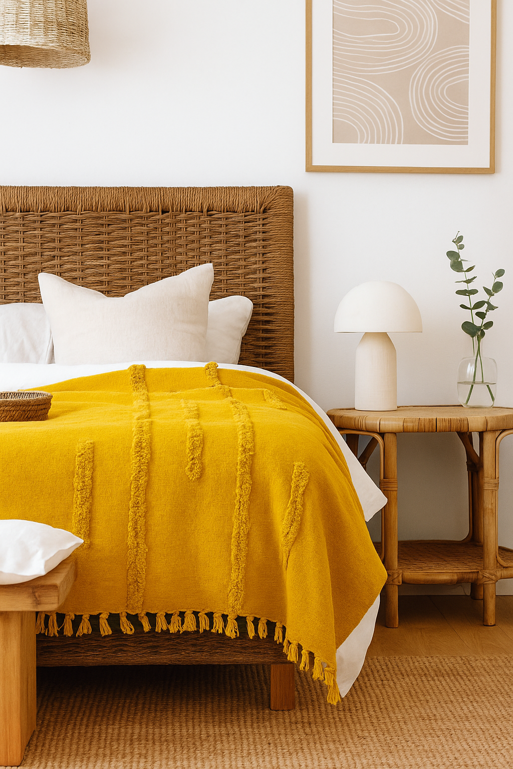 Golden Mustard Cotton Throw - Handwoven Boho Textured Blanket