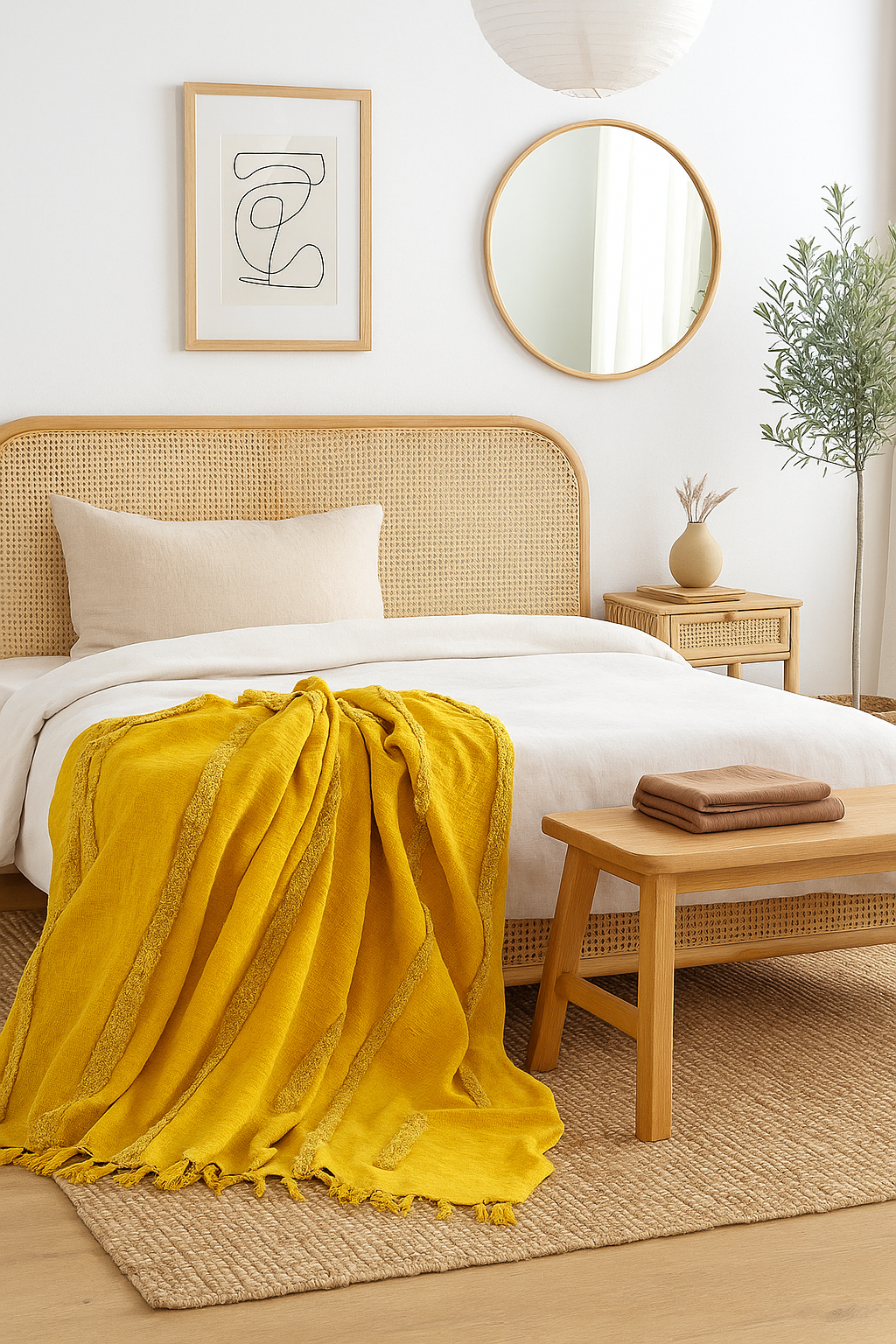 Golden Mustard Cotton Throw - Handwoven Boho Textured Blanket