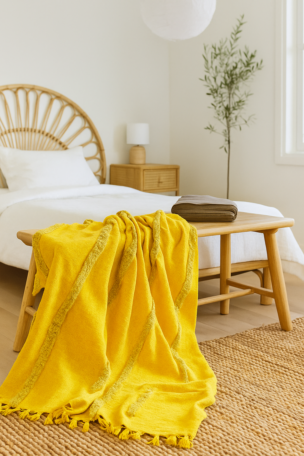 Golden Mustard Cotton Throw - Handwoven Boho Textured Blanket