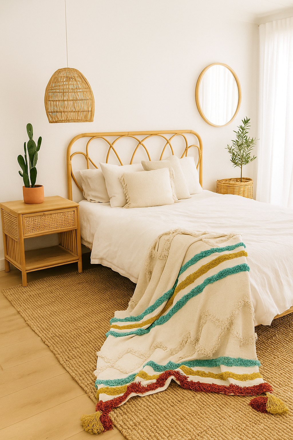 Handwoven Cotton Throw Blanket - Boho Textured Design with Tassels