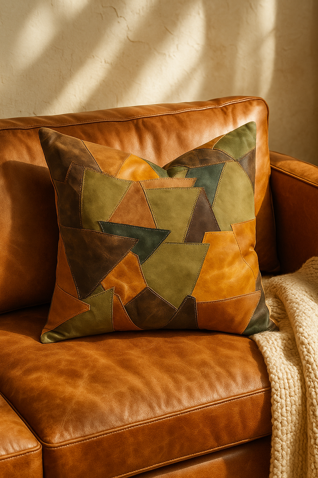 Large Patchwork Leather Cushion - Rustic Earthy Tones | 60x60cms
