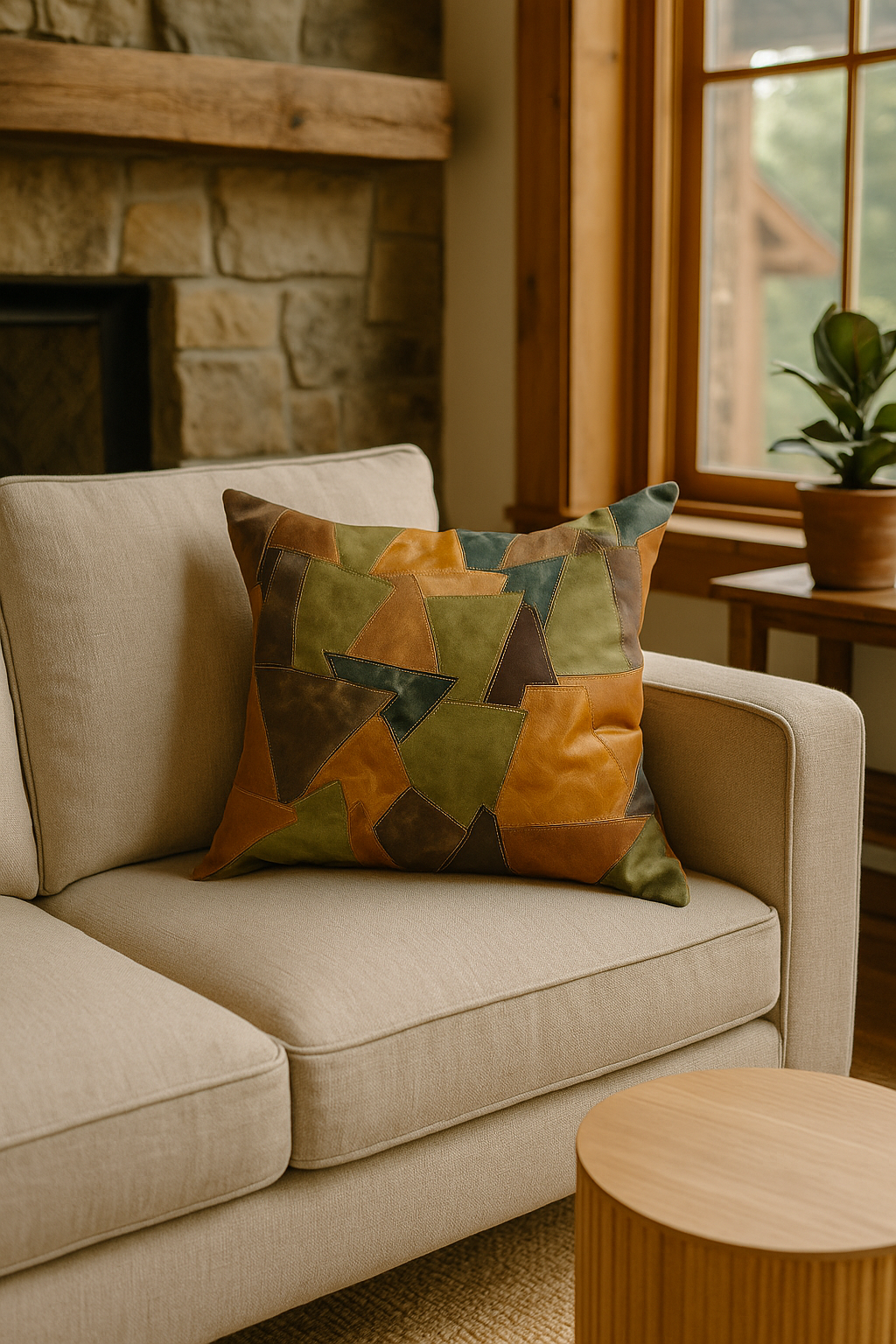 Large Patchwork Leather Cushion - Rustic Earthy Tones | 60x60cms