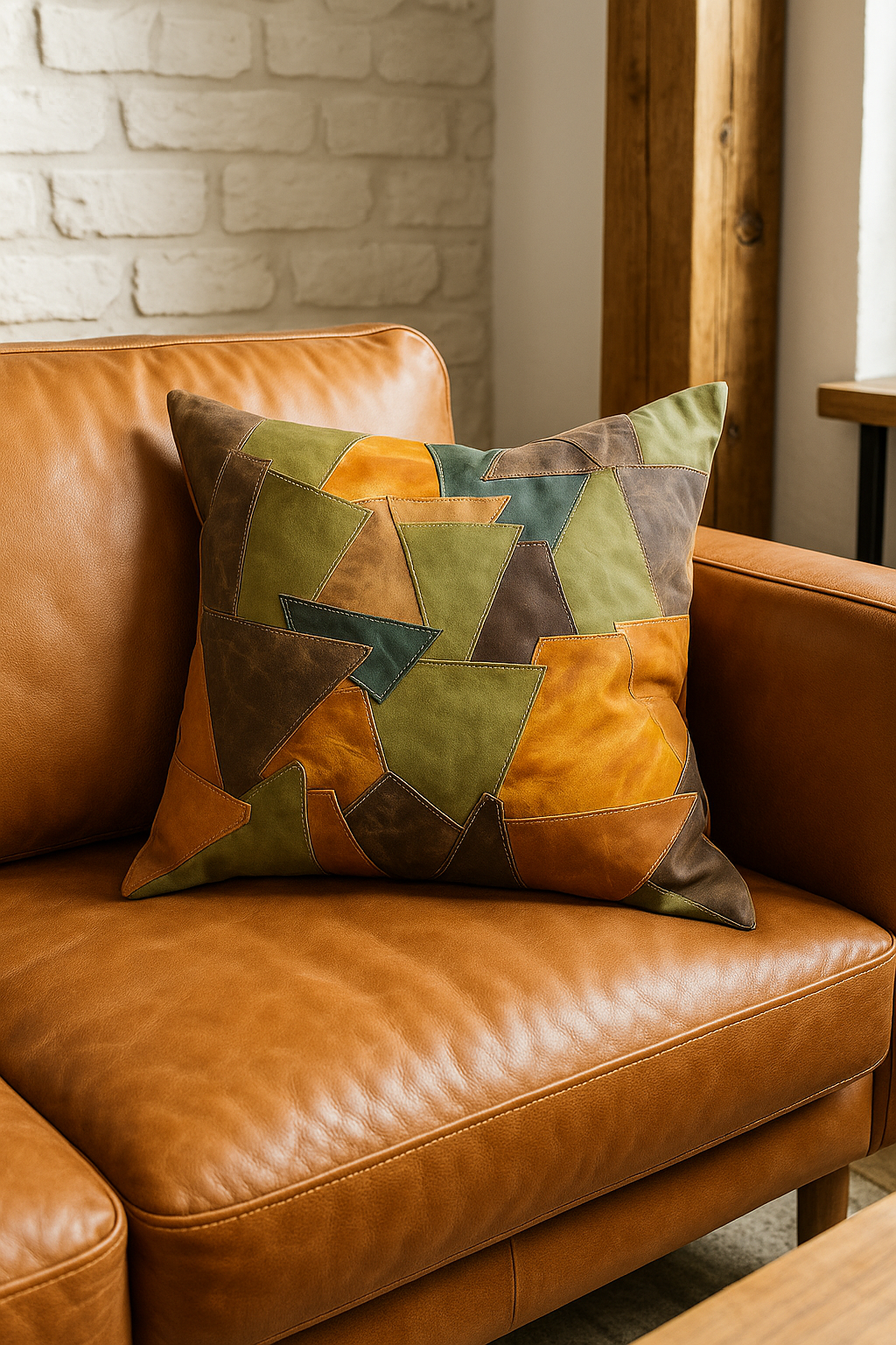 Large Patchwork Leather Cushion - Rustic Earthy Tones | 60x60cms