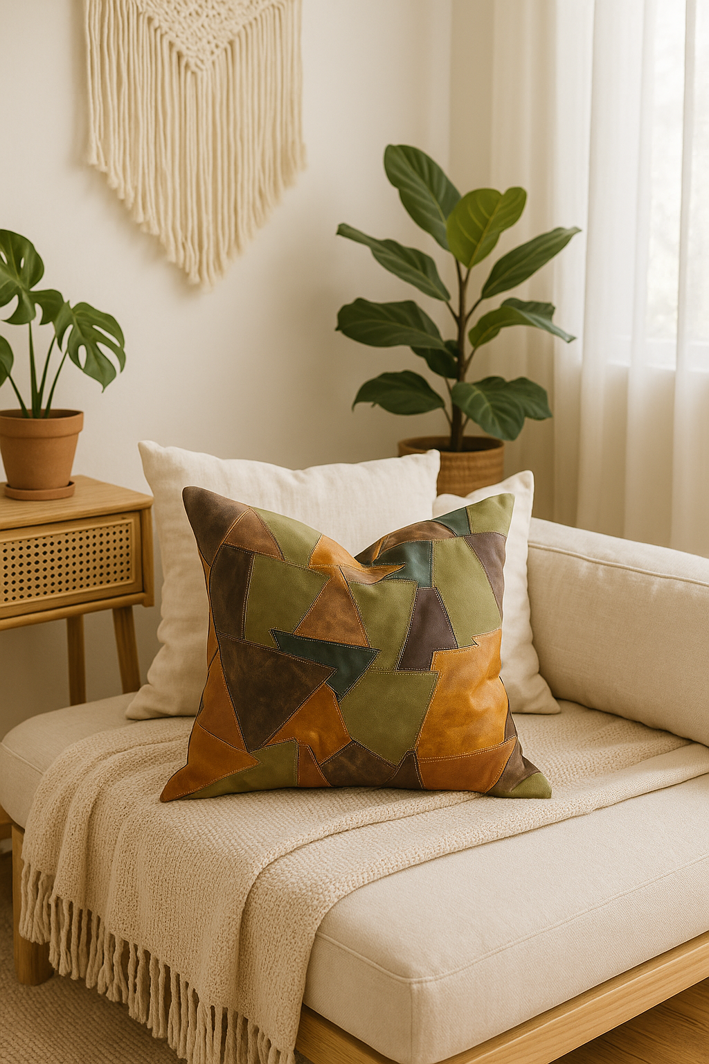 Large Patchwork Leather Cushion - Rustic Earthy Tones | 60x60cms