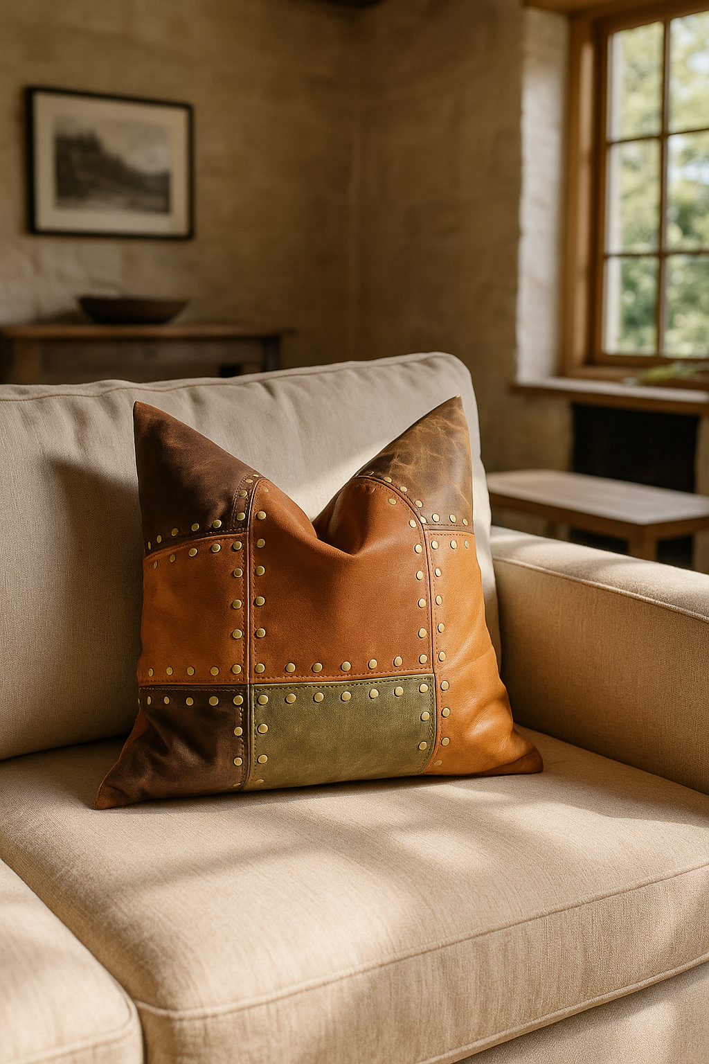 Rustic Leather Cushion Cover – Handcrafted Tan & Olive Patchwork