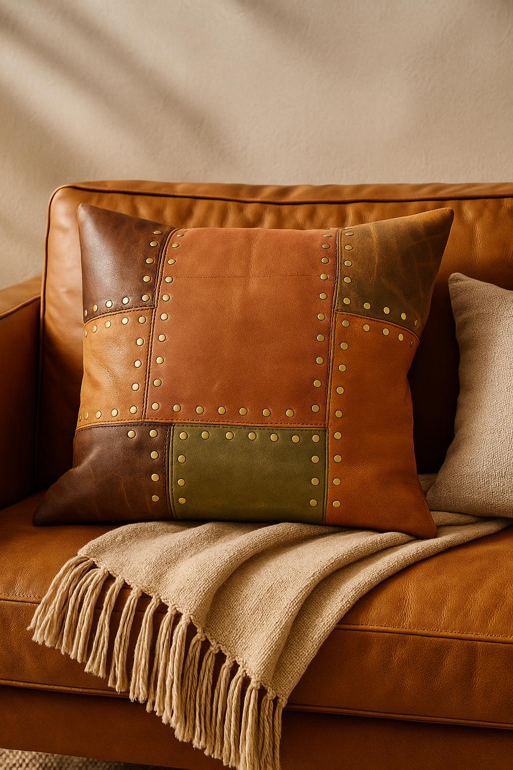 Rustic Leather Cushion Cover – Handcrafted Tan & Olive Patchwork