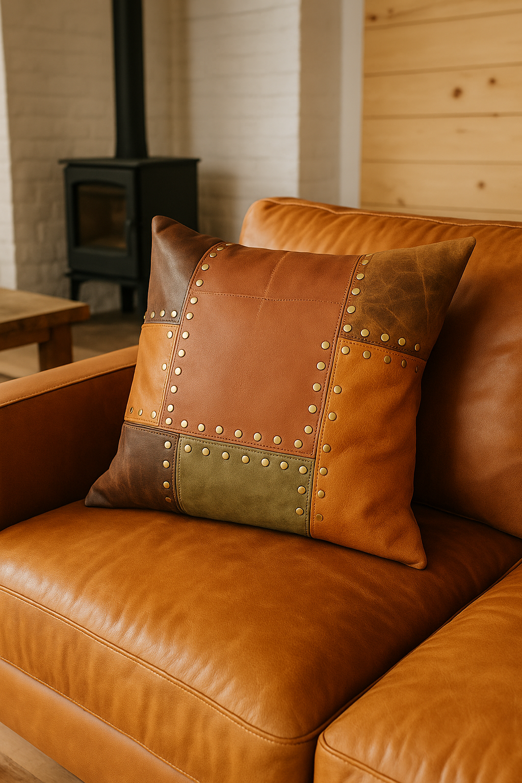 Rustic Leather Cushion Cover – Handcrafted Tan & Olive Patchwork