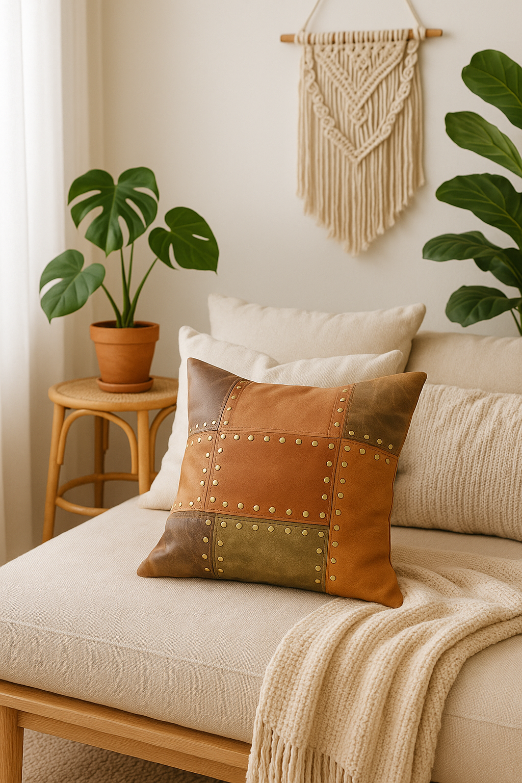 Rustic Leather Cushion Cover – Handcrafted Tan & Olive Patchwork