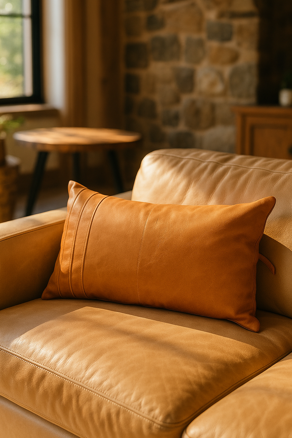 Tan Leather Lumbar Cushion – Rustic Handmade Boho Accent Pillow | Linen Connections