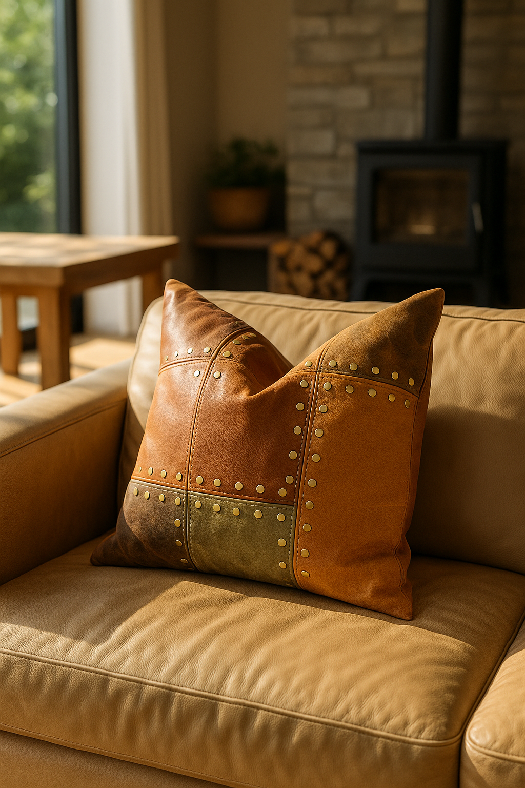 Rustic Leather Cushion Cover – Handcrafted Tan & Olive Patchwork