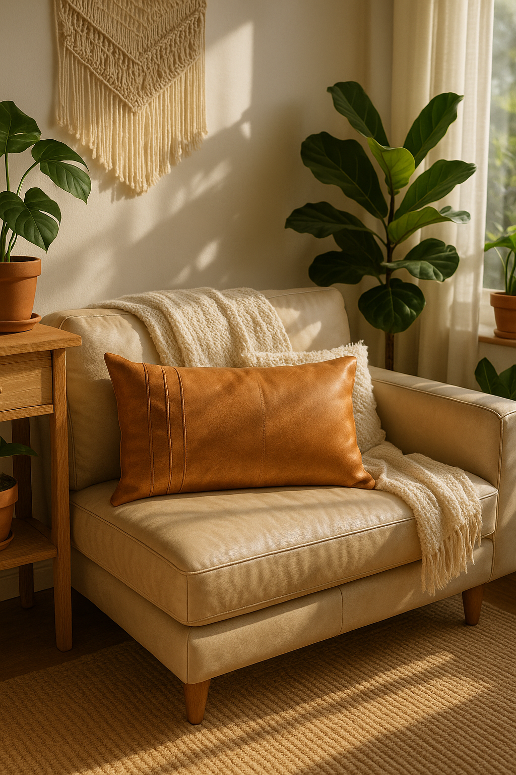 Tan Leather Lumbar Cushion – Rustic Handmade Boho Accent Pillow | Linen Connections