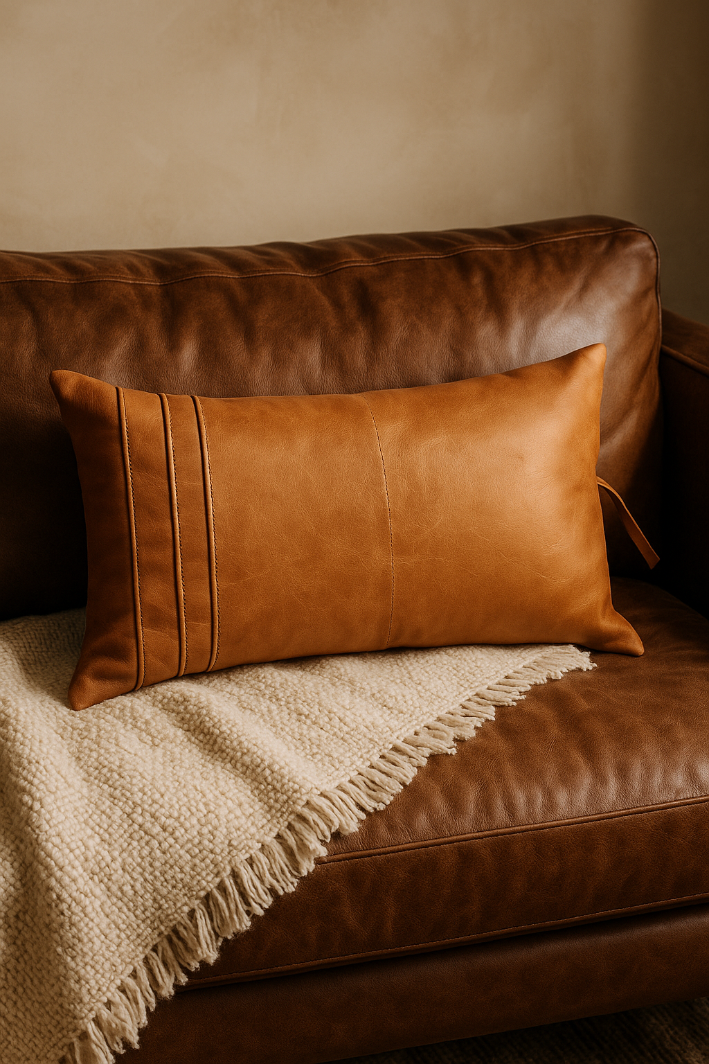Tan Leather Lumbar Cushion – Rustic Handmade Boho Accent Pillow | Linen Connections