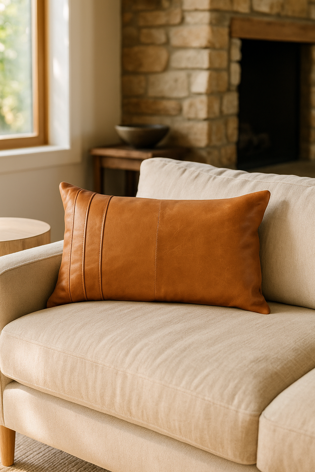 Tan Leather Lumbar Cushion – Rustic Handmade Boho Accent Pillow | Linen Connections