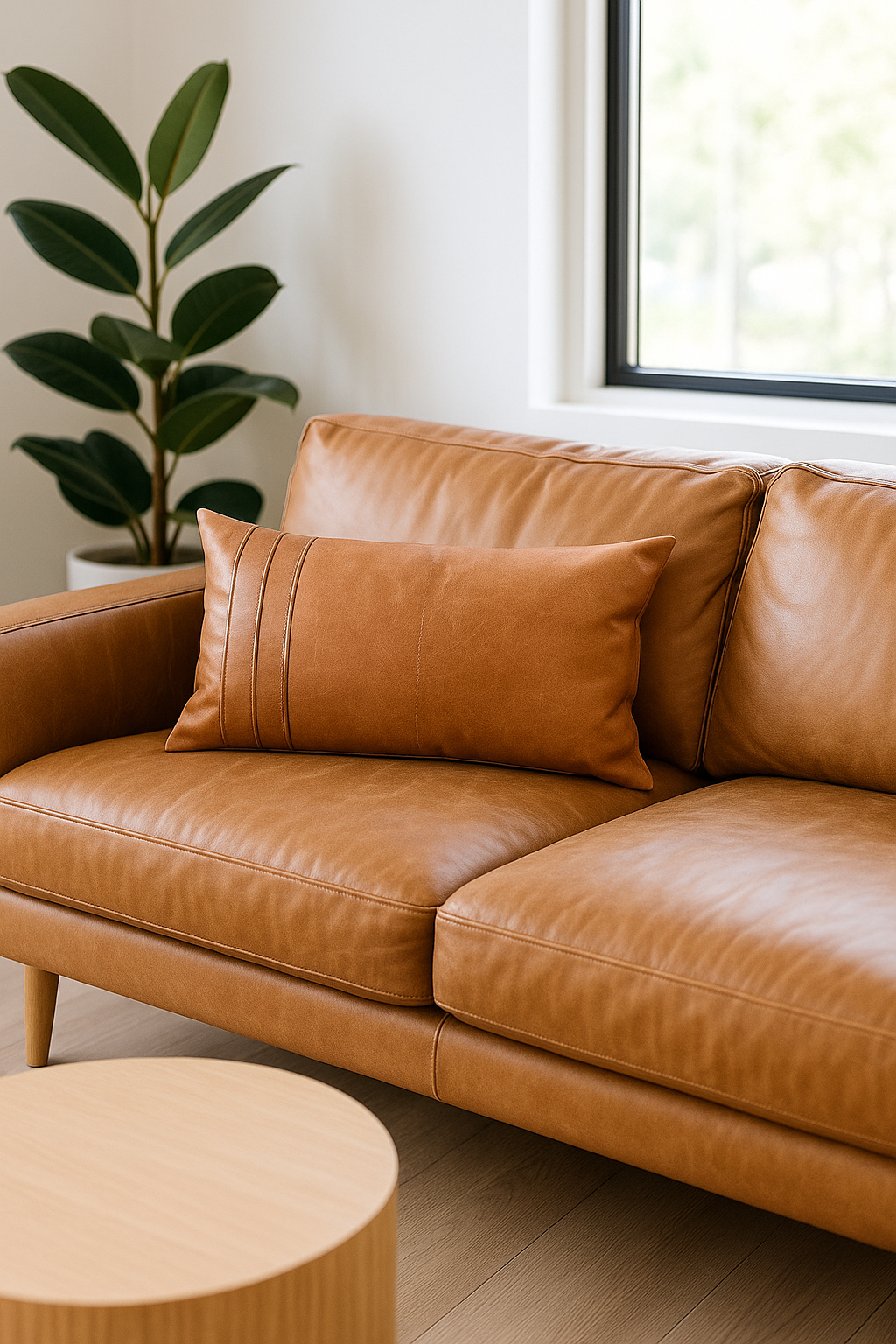 Tan Leather Lumbar Cushion – Rustic Handmade Boho Accent Pillow | Linen Connections
