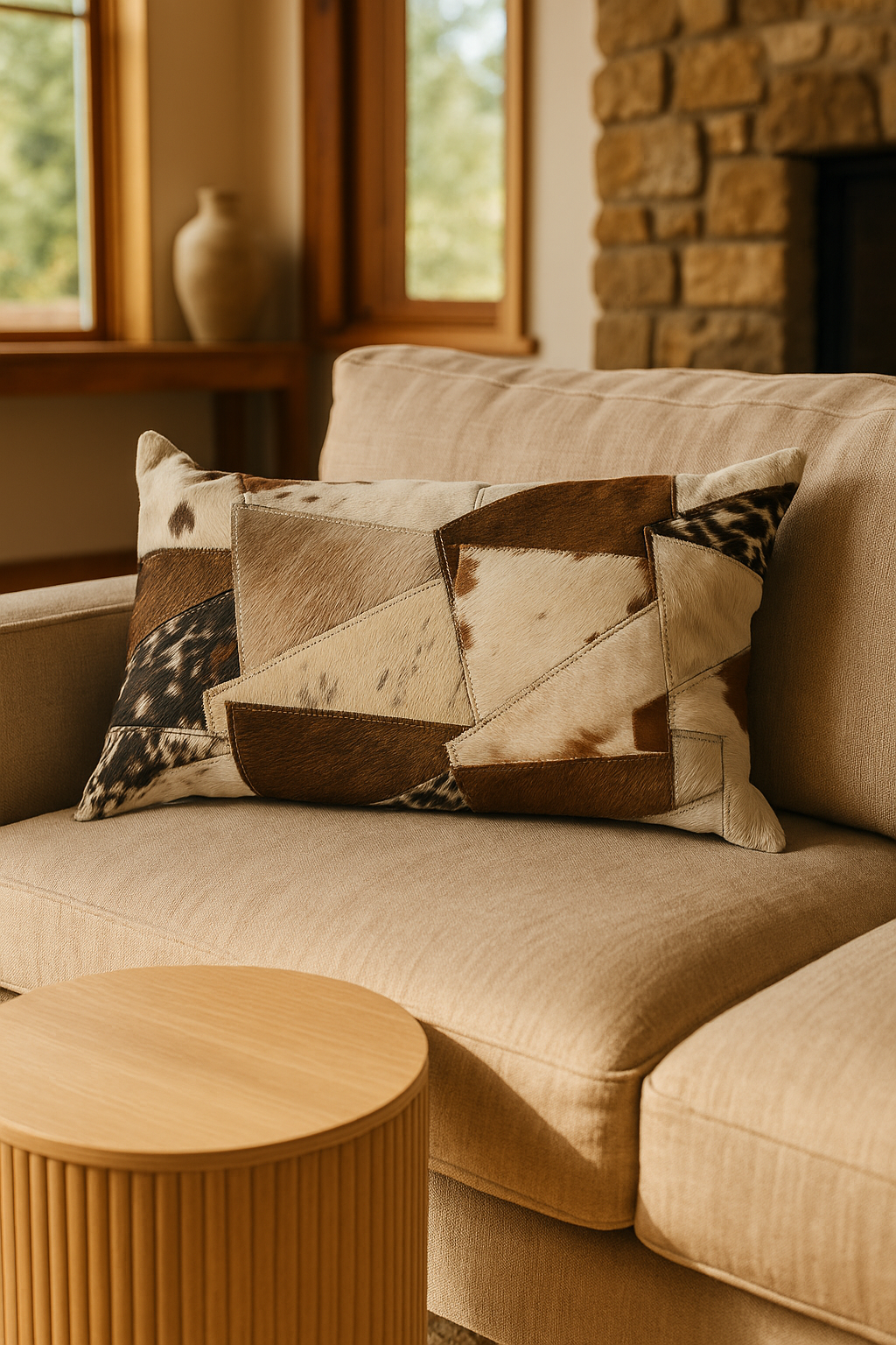 Handmade Lumbar Cowhide Cushion - Rustic Luxe Patchwork Leather
