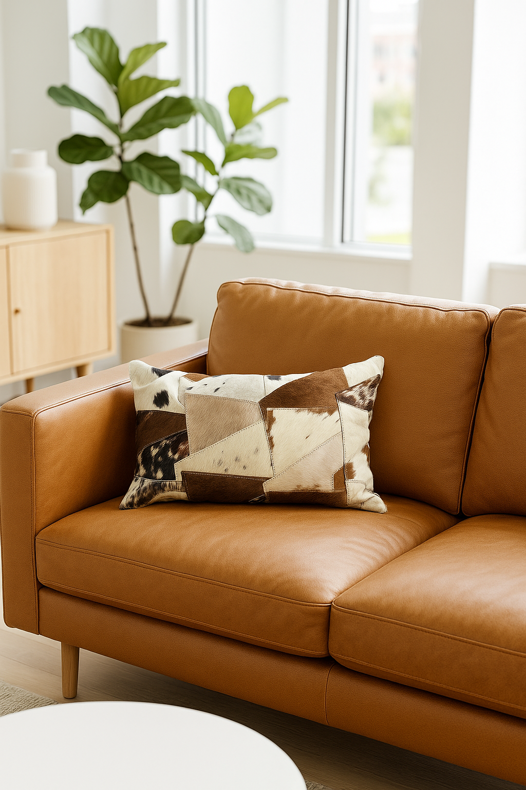 Handmade Lumbar Cowhide Cushion - Rustic Luxe Patchwork Leather