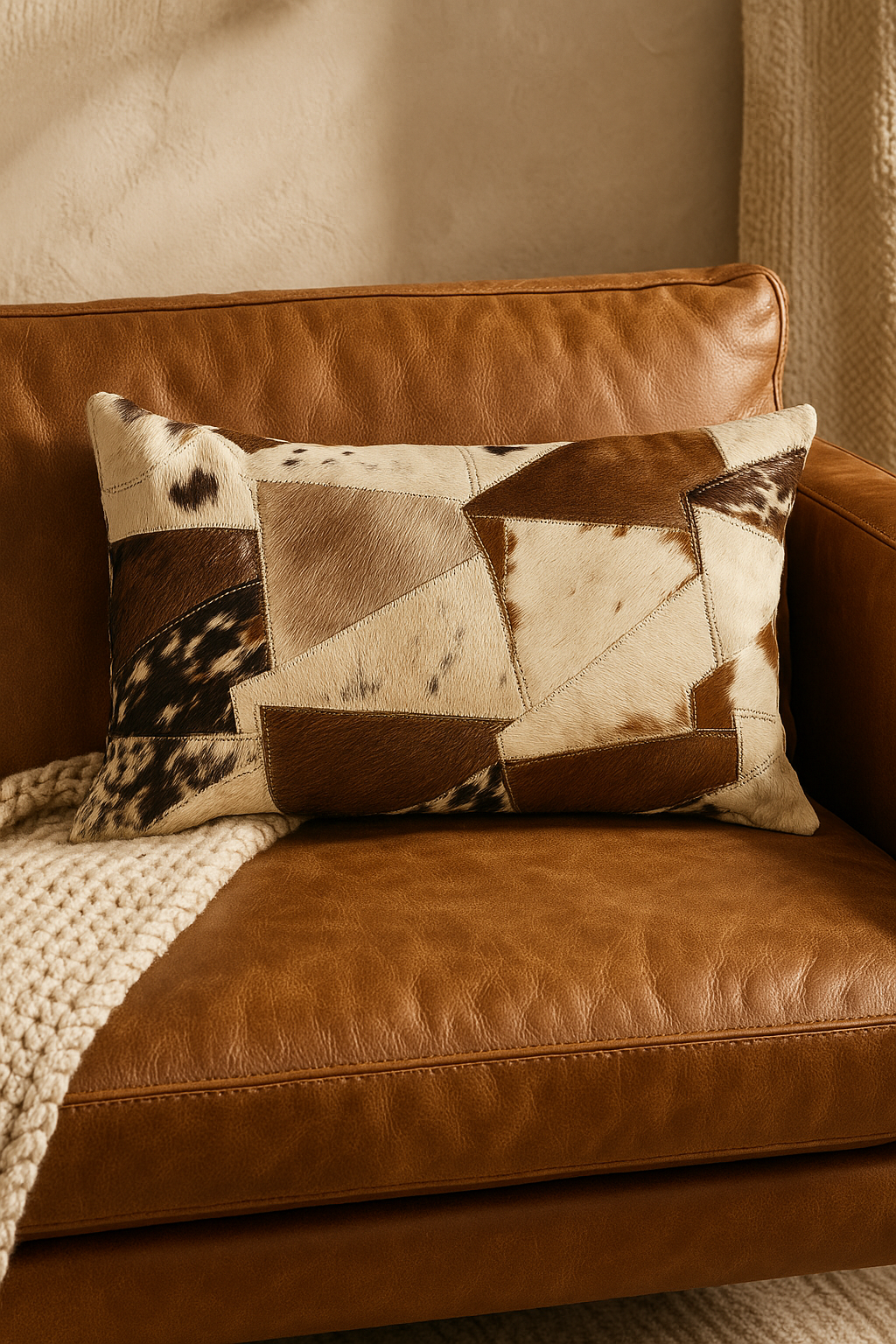 Handmade Lumbar Cowhide Cushion - Rustic Luxe Patchwork Leather