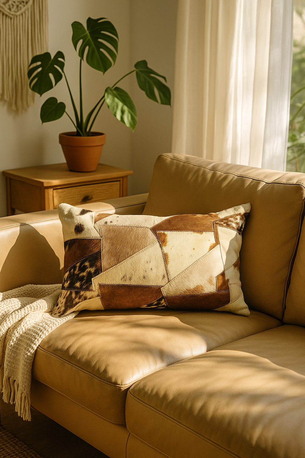 Handmade Lumbar Cowhide Cushion - Rustic Luxe Patchwork Leather