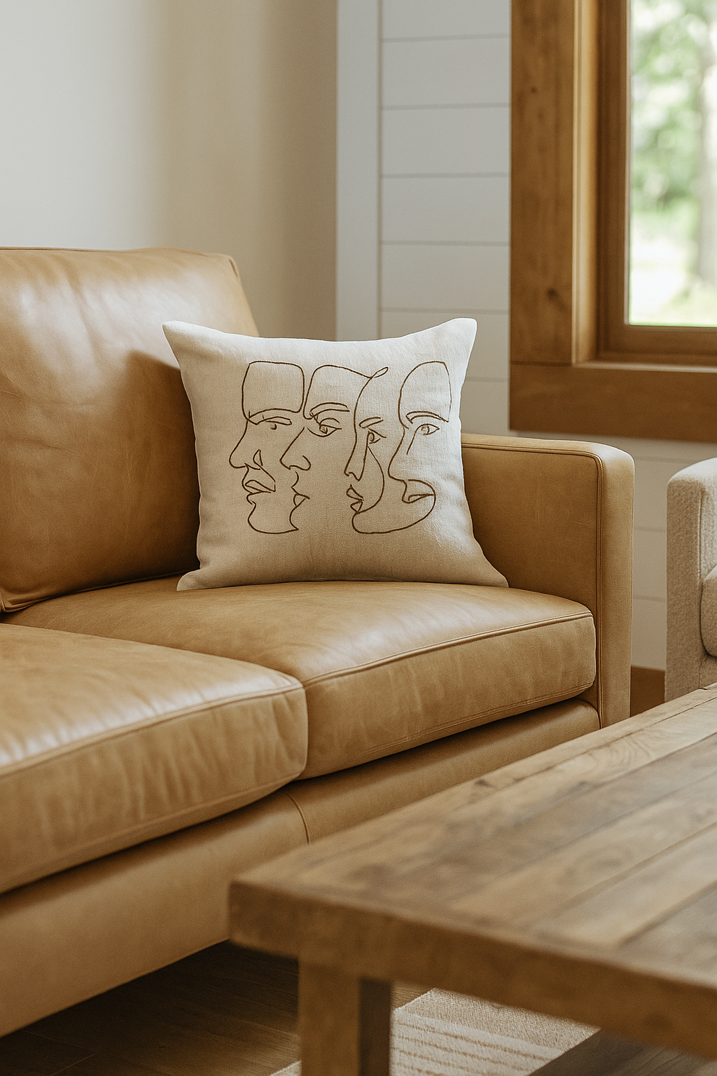 Cowhide Leather Cushion Cover - Handmade Modern Abstract Face Pillow