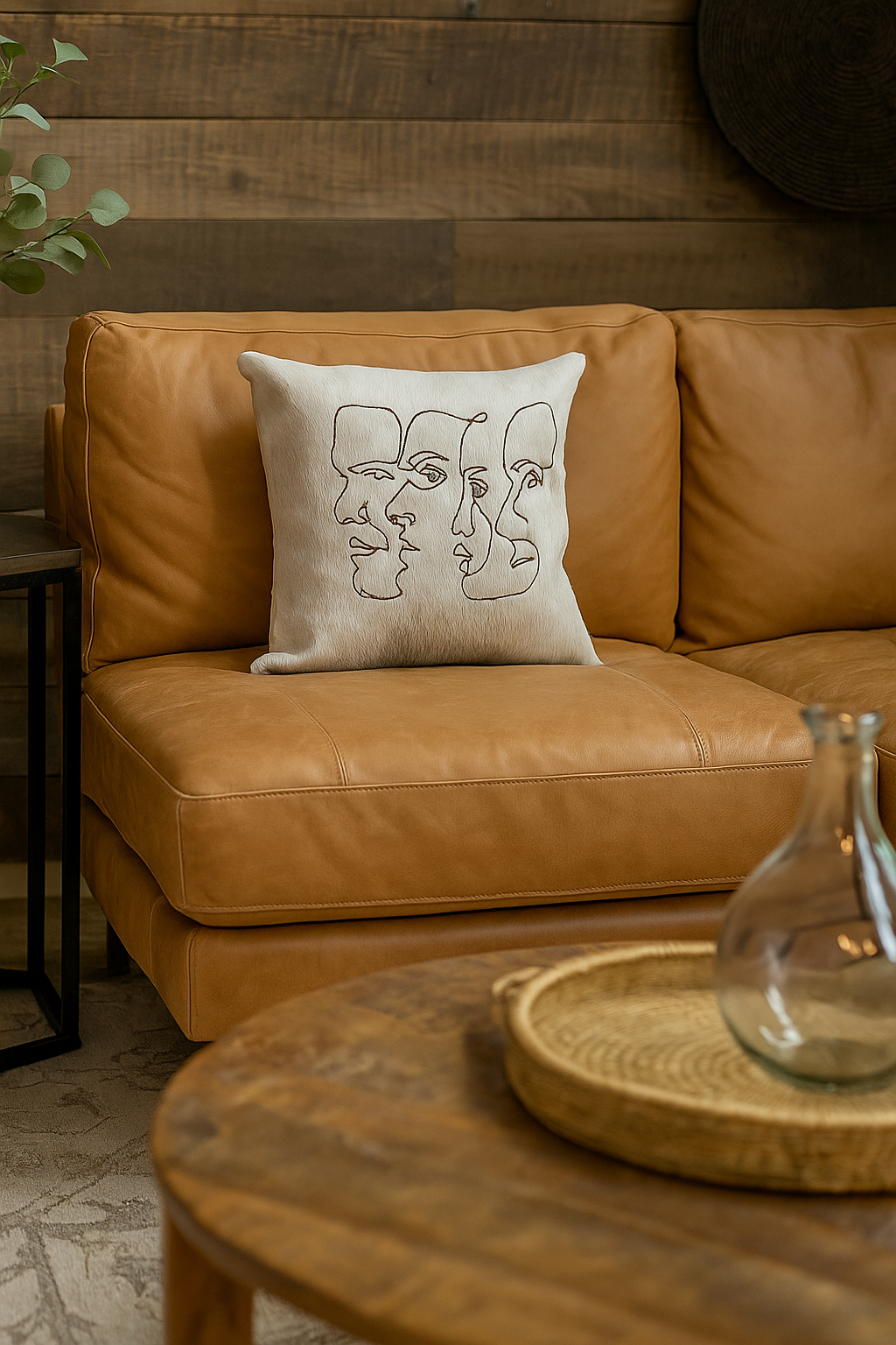 Cowhide Leather Cushion Cover - Handmade Modern Abstract Face Pillow