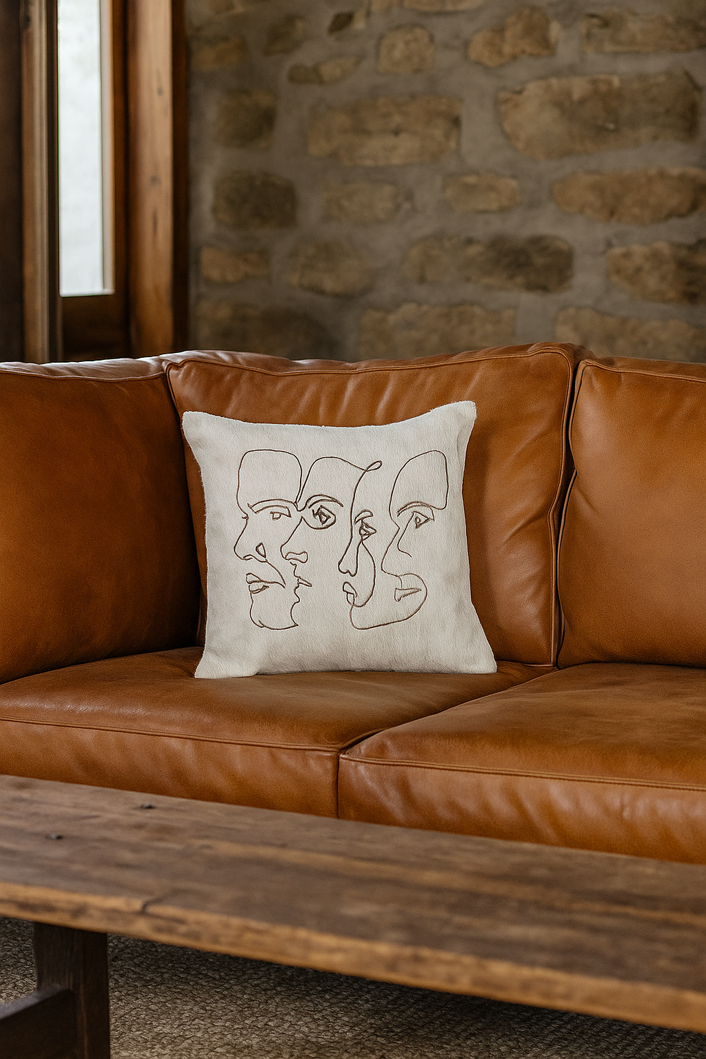 Cowhide Leather Cushion Cover - Handmade Modern Abstract Face Pillow