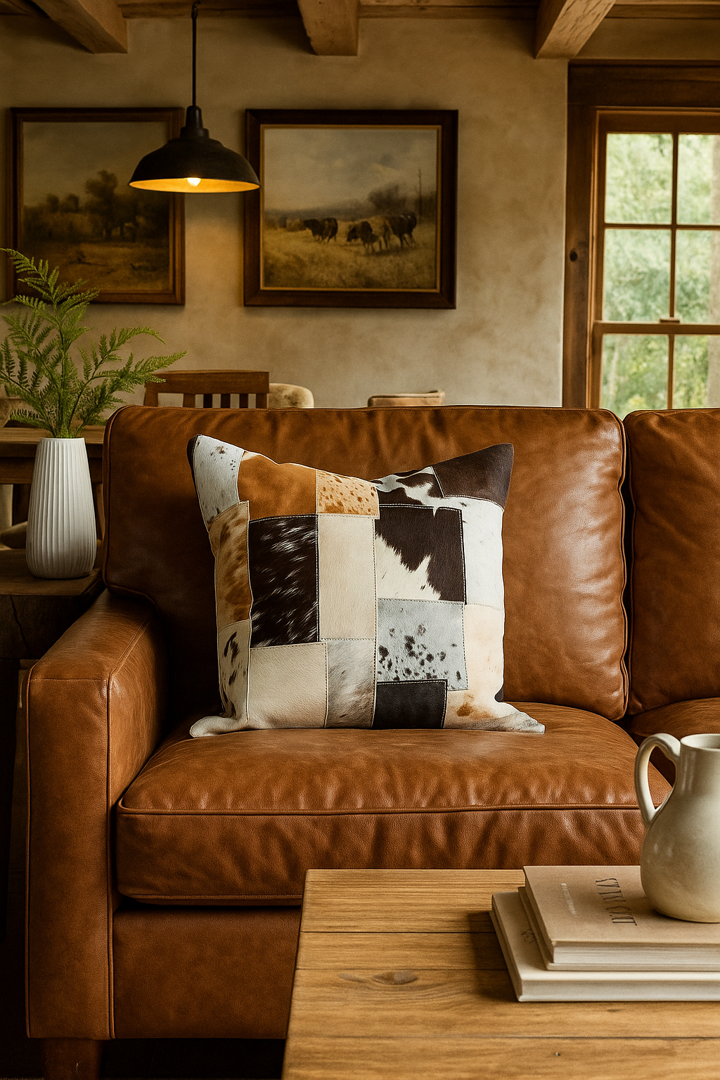 Handmade Cowhide Patchwork Cushion Cover - Natural Leather 45x45cm