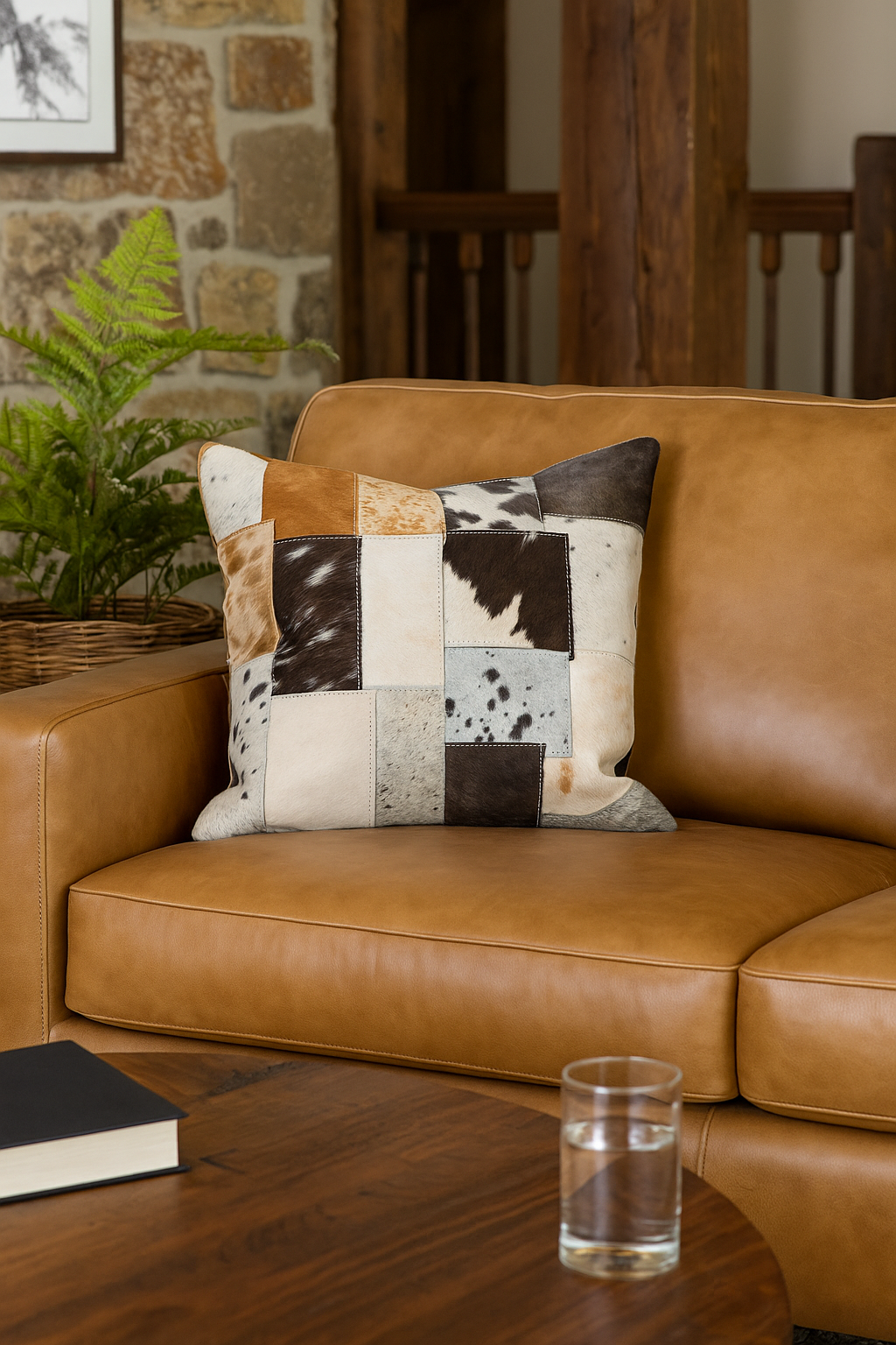 Handmade Cowhide Patchwork Cushion Cover - Natural Leather 45x45cm