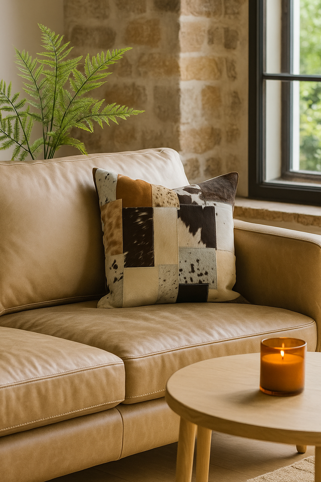 Handmade Cowhide Patchwork Cushion Cover - Natural Leather 45x45cm