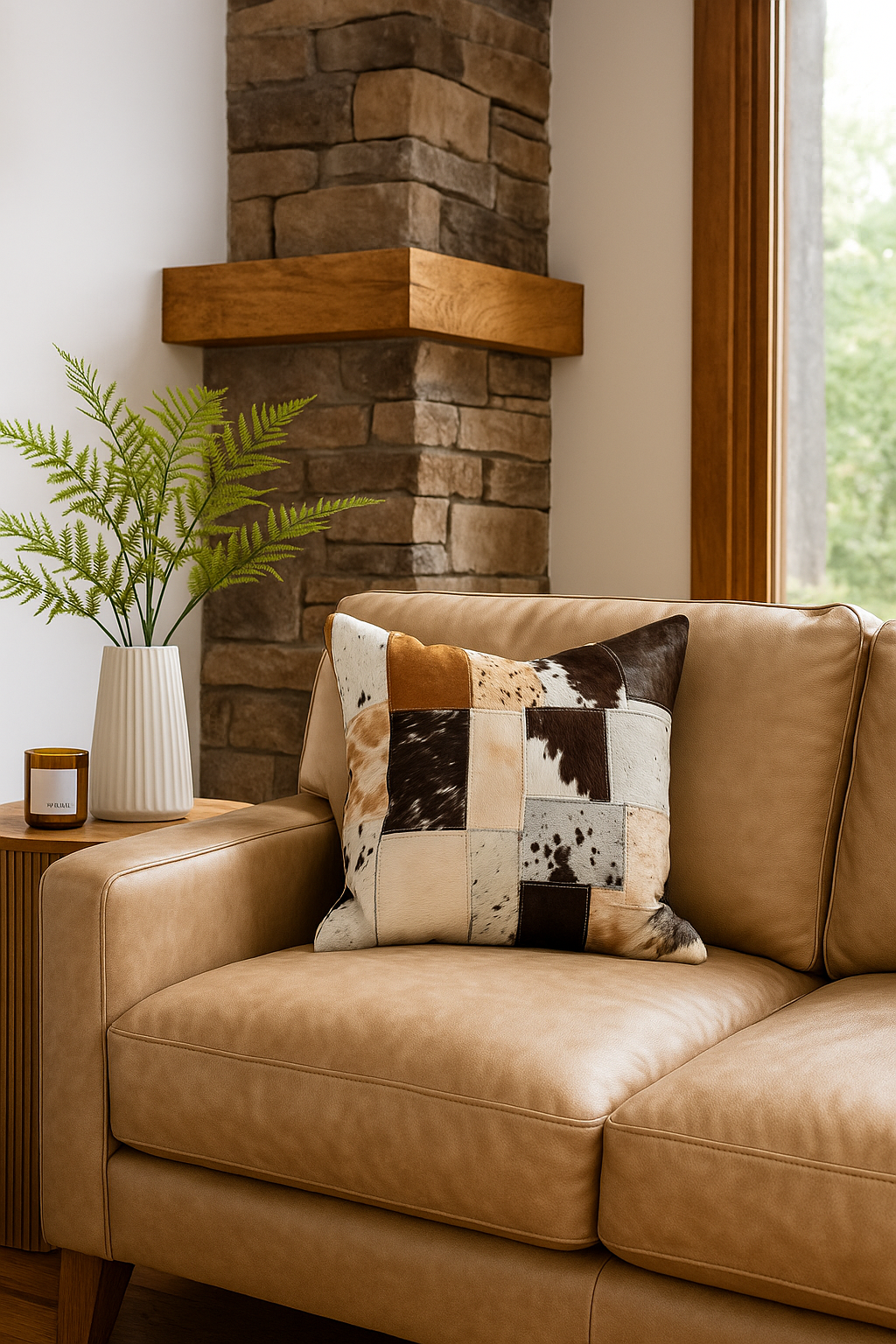 Handmade Cowhide Patchwork Cushion Cover - Natural Leather 45x45cm
